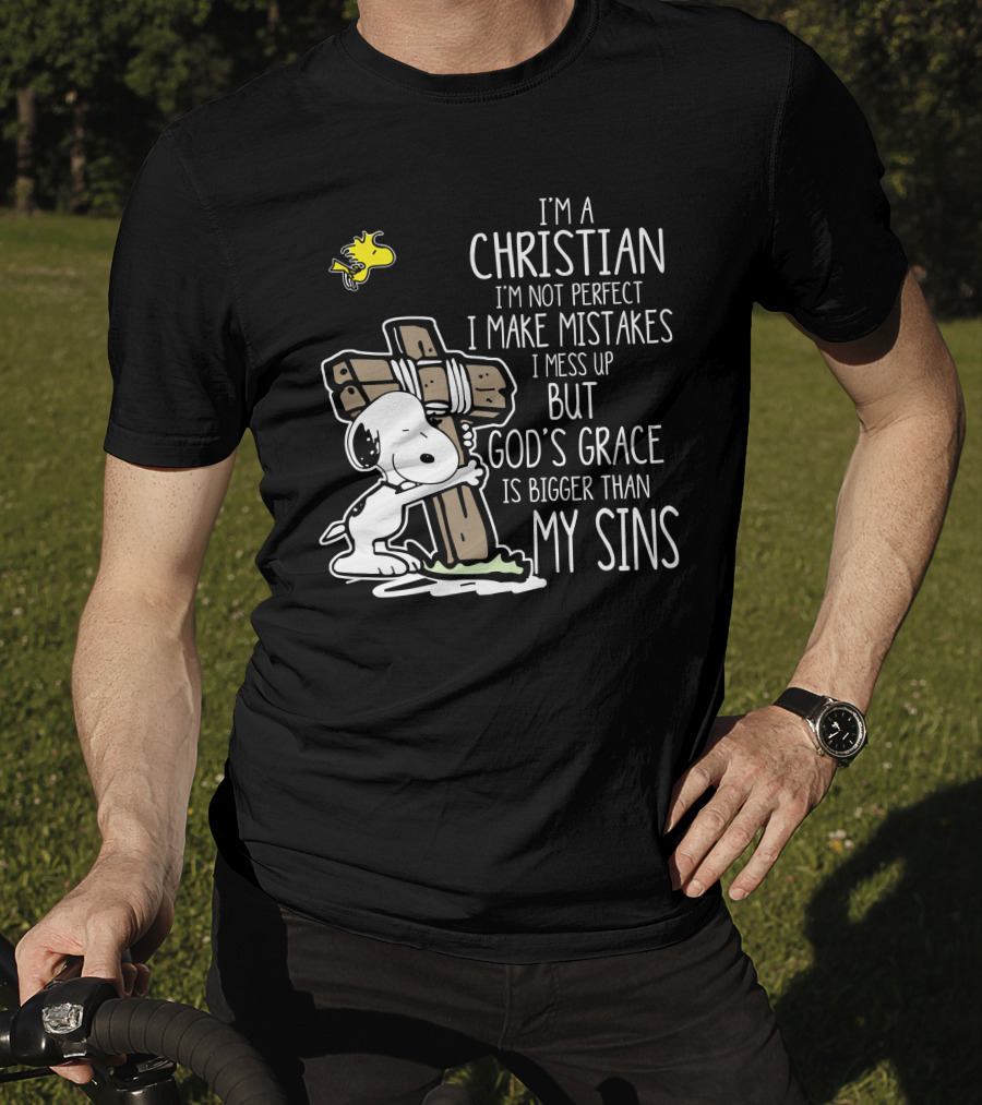 I'm A Christian God's Grace Bigger Than My Sins Snoopy Hugging Cross T-Shirt