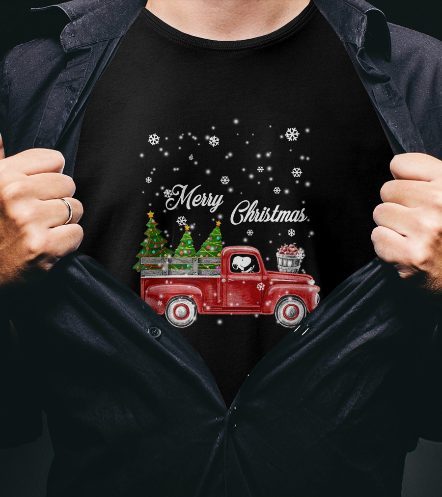 Merry Christmas Red Truck With Christmas Trees And Snowflakes T-Shirt