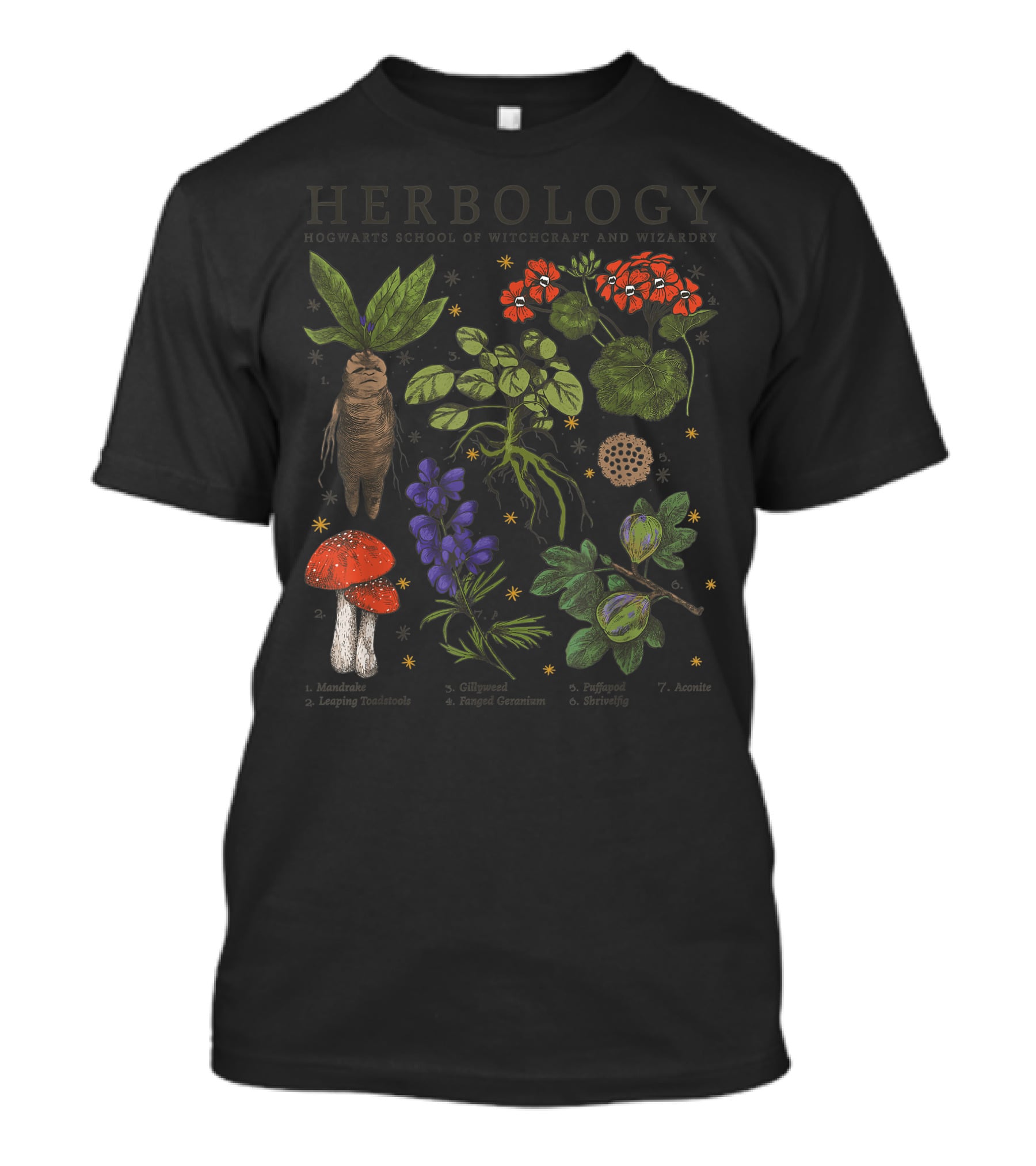 Herbology Hogwarts School Of Witchcraft And Wizardry Mandrake Gillyweed Puffapod Aconite Leaping Toadstools Stinksap Strangler Fig T-Shirt