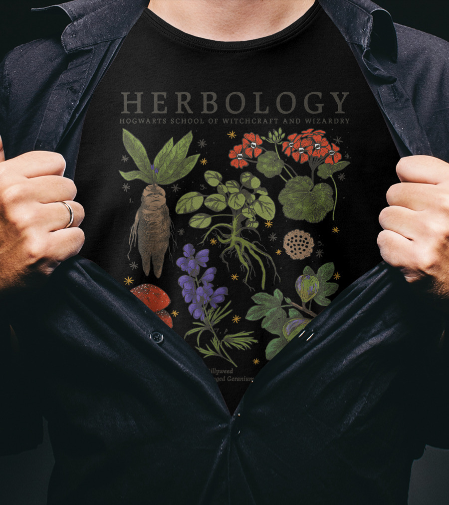 Herbology Hogwarts School Of Witchcraft And Wizardry Mandrake Gillyweed Puffapod Aconite Leaping Toadstools Stinksap Strangler Fig T-Shirt