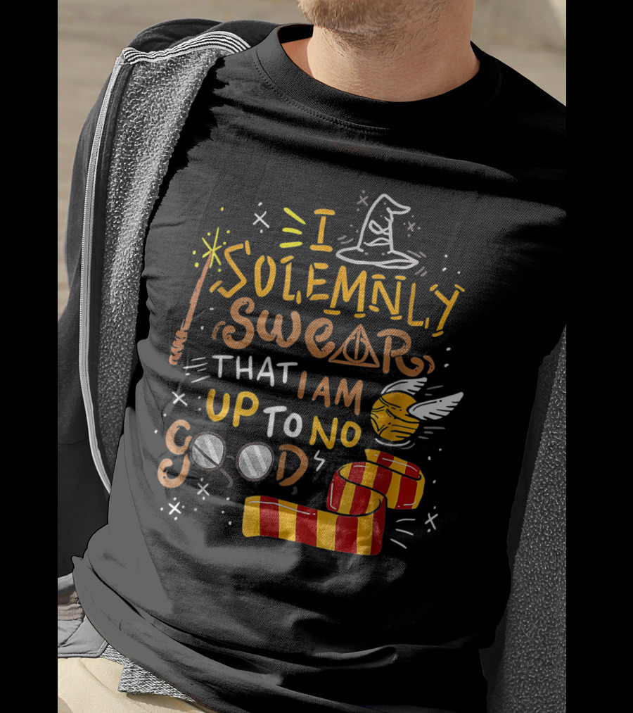 I Solemnly Swear That I Am Up To No Good Wizard Hat Wand Golden Snitch Scarf Glasses T-Shirt
