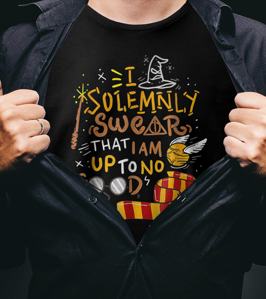 I Solemnly Swear That I Am Up To No Good Wizard Hat Wand Golden Snitch Scarf Glasses T-Shirt