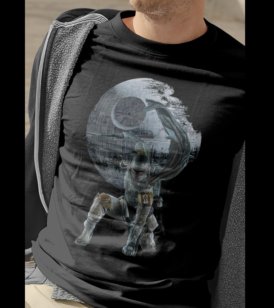 Boba Fett Striking Pose With Death Star Backdrop T-Shirt