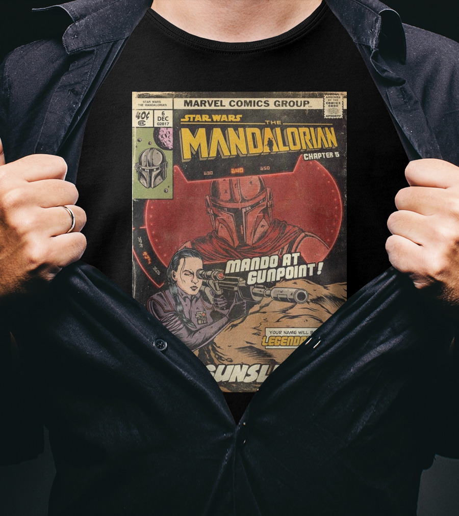 Mando At Gunpoint Legendary The Mandalorian Chapter 5 The Gunslinger Marvel Comics Group T-Shirt
