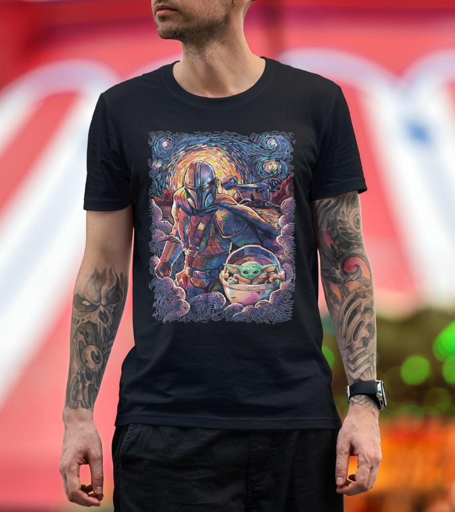 Mandalorian And Grogu Starry Night Art Style T-Shirt