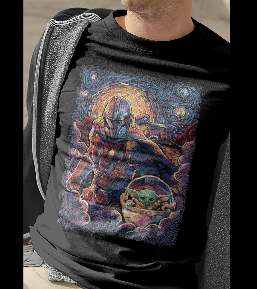 Mandalorian And Grogu Starry Night Art Style T-Shirt
