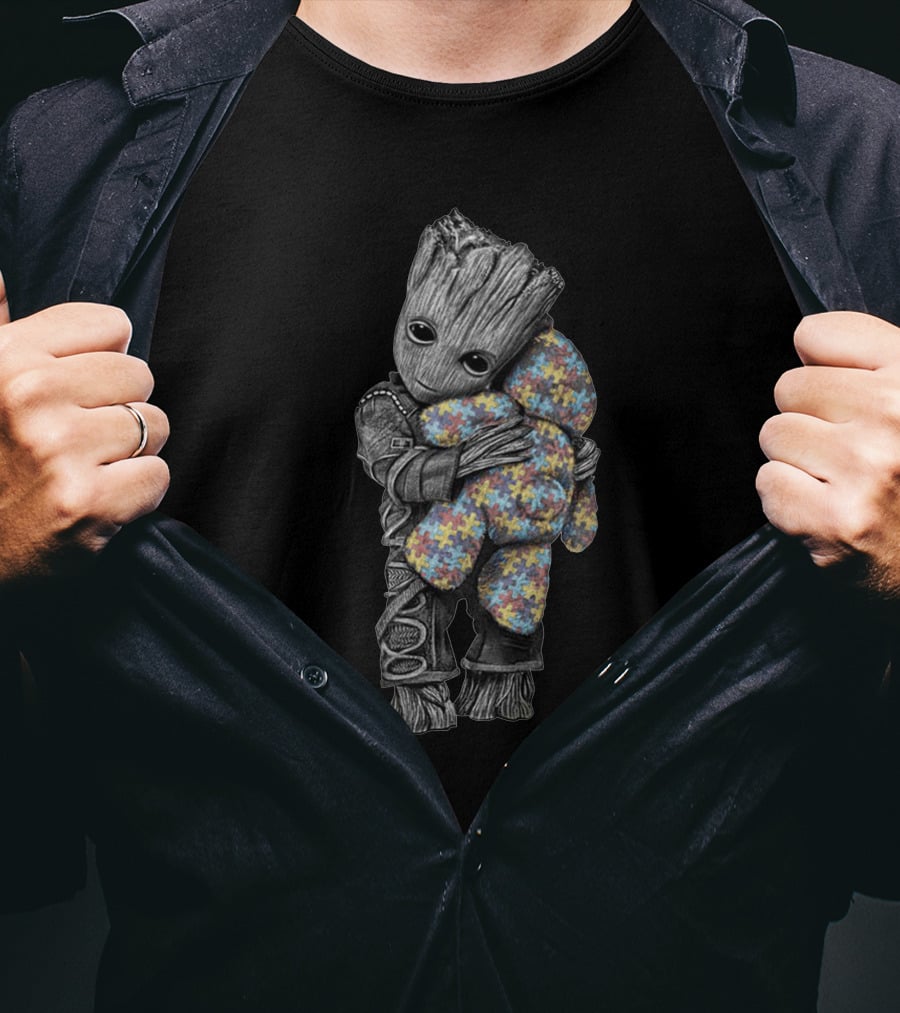 Groot Hugging Puzzle Piece Patterned Bear T-Shirt