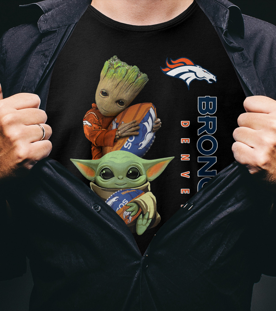 Only Today Groot And Baby Yoda Holding Broncos Football Denver Broncos T-Shirt