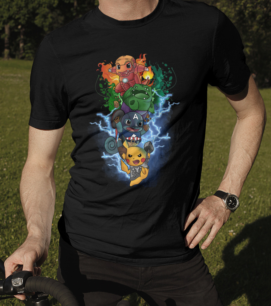 Pikachu Squirtle Charmander Bulbasaur Superhero Mashup T-Shirt
