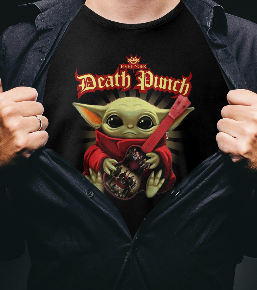 Five Finger Death Punch Baby Yoda Holding Red Guitar T-Shirt