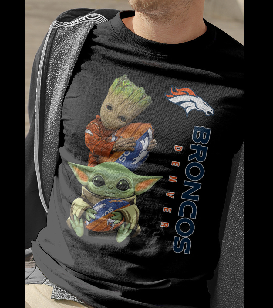 Denver Broncos Baby Yoda And Groot Holding Footballs T-Shirt