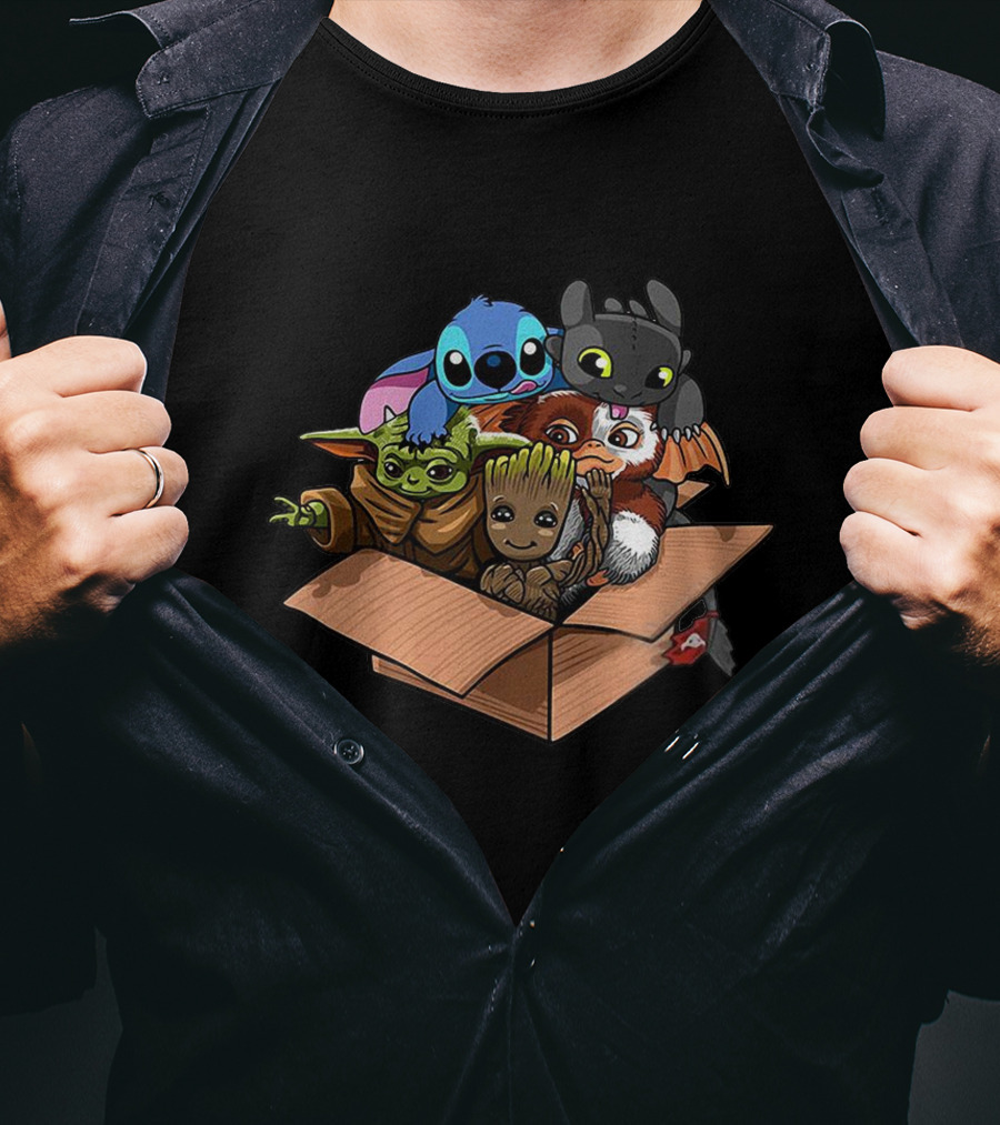 Baby Characters In Box Yoda Groot Stitch Toothless Gizmo T-Shirt
