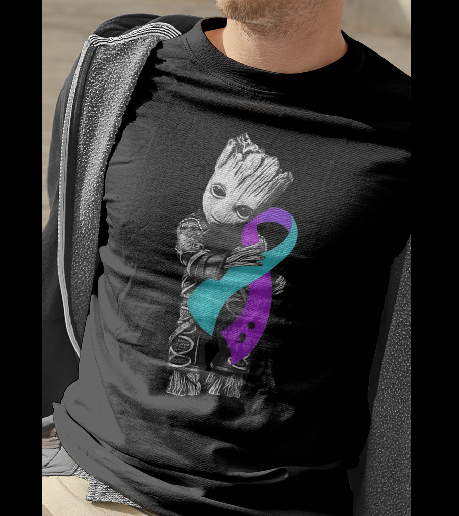 Groot Hugging Semicolon Suicide Prevention Awareness Ribbon T-Shirt