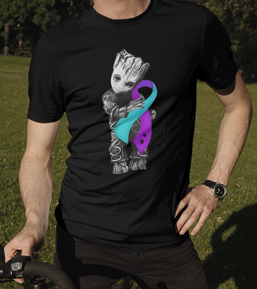 Groot Hugging Semicolon Suicide Prevention Awareness Ribbon T-Shirt