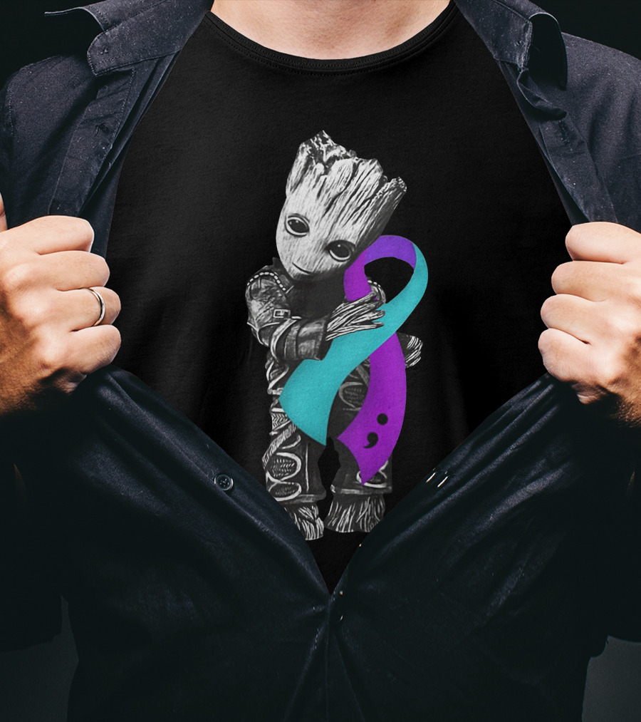 Groot Hugging Semicolon Suicide Prevention Awareness Ribbon T-Shirt
