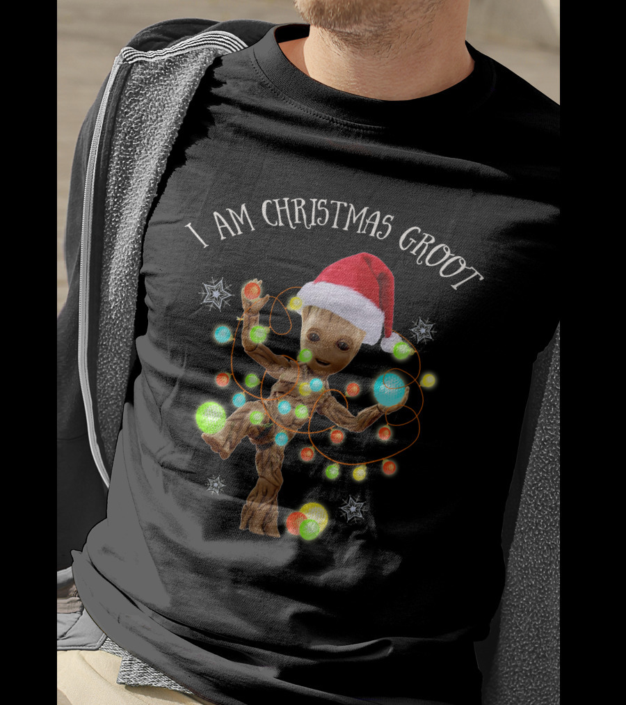 I Am Christmas Groot Holiday Edition With Santa Hat And Lights T-Shirt