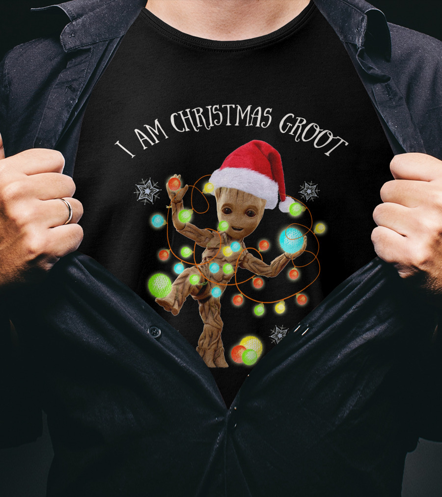 I Am Christmas Groot Holiday Edition With Santa Hat And Lights T-Shirt