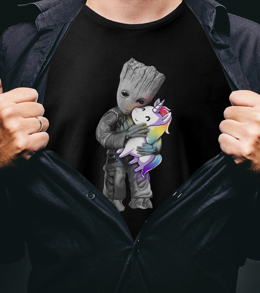 I Am Groot With Rainbow Unicorn Plush Hugging T-Shirt