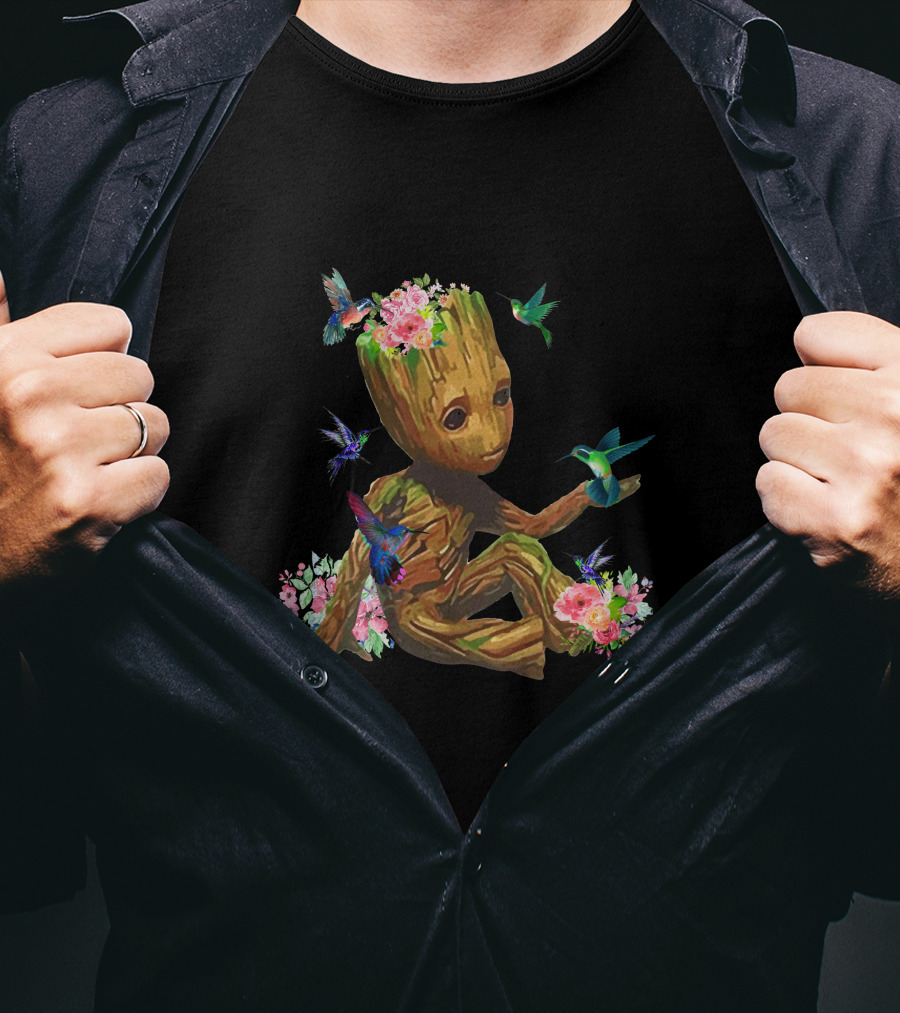 Baby Groot With Flowers And Hummingbirds T-Shirt