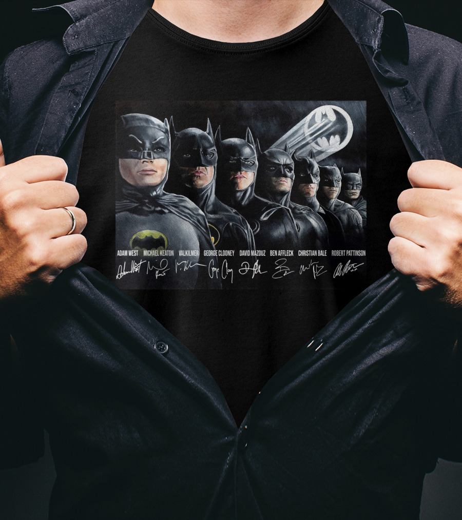 Adam West Michael Keaton Val Kilmer George Clooney David Mazouz Ben Affleck Christian Bale Robert Pattinson Batman Bat-Signal T-Shirt