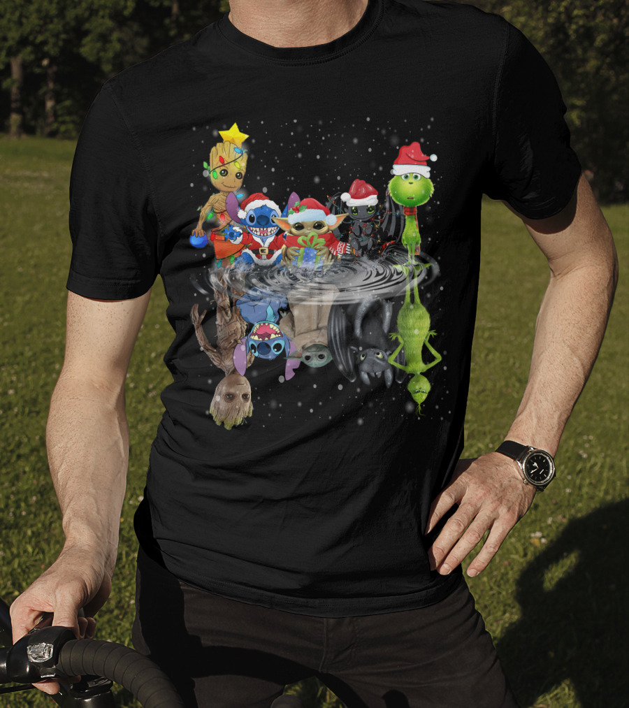 Groot Stitch Yoda Grinch Christmas Reflection T-Shirt