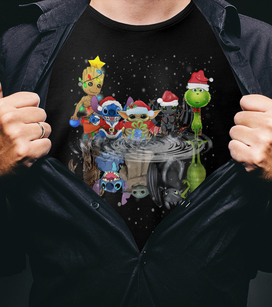 Groot Stitch Yoda Grinch Christmas Reflection T-Shirt