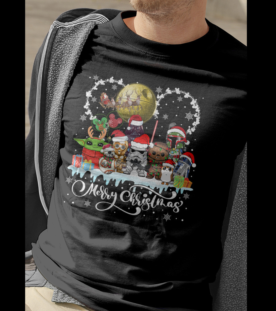 Merry Christmas Star Warss Characters Santa Hats Snowflakes T-Shirt