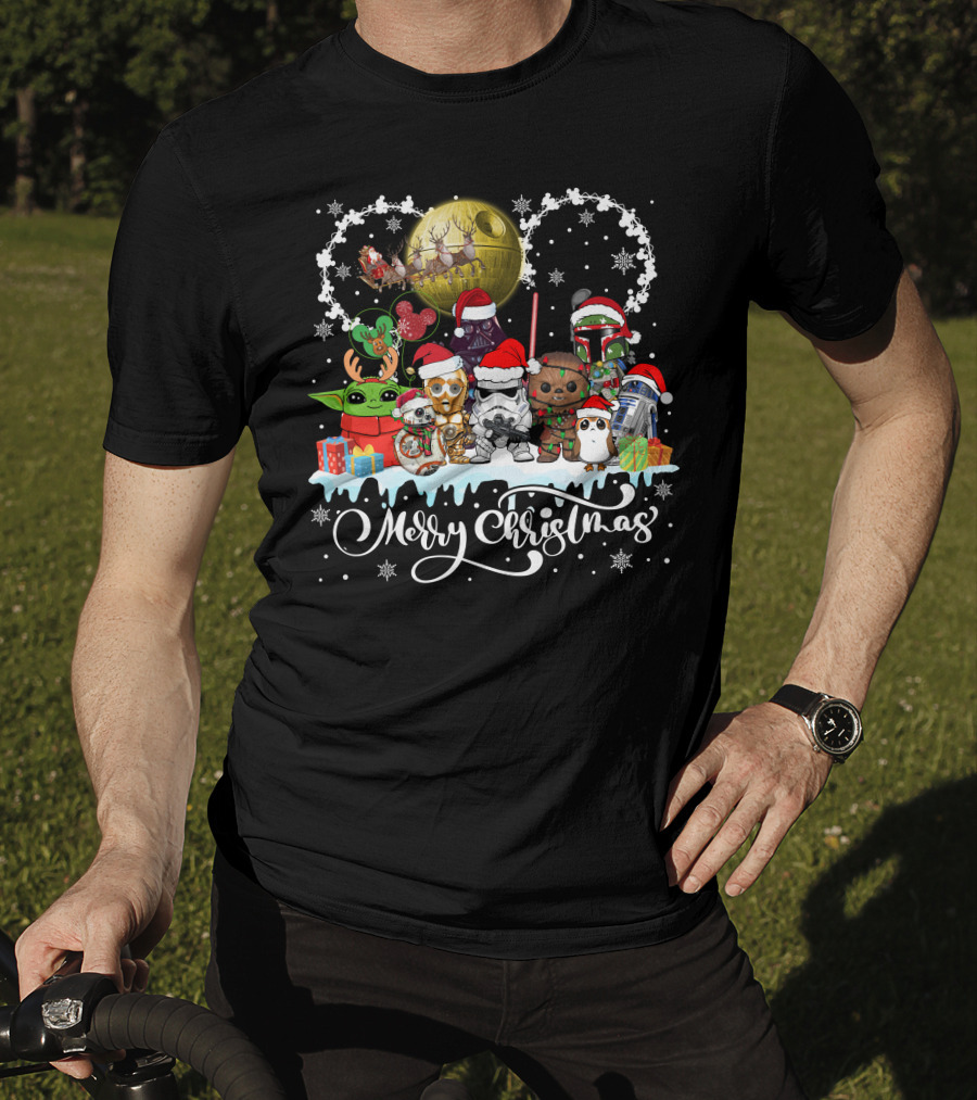 Merry Christmas Star Warss Characters Santa Hats Snowflakes T-Shirt