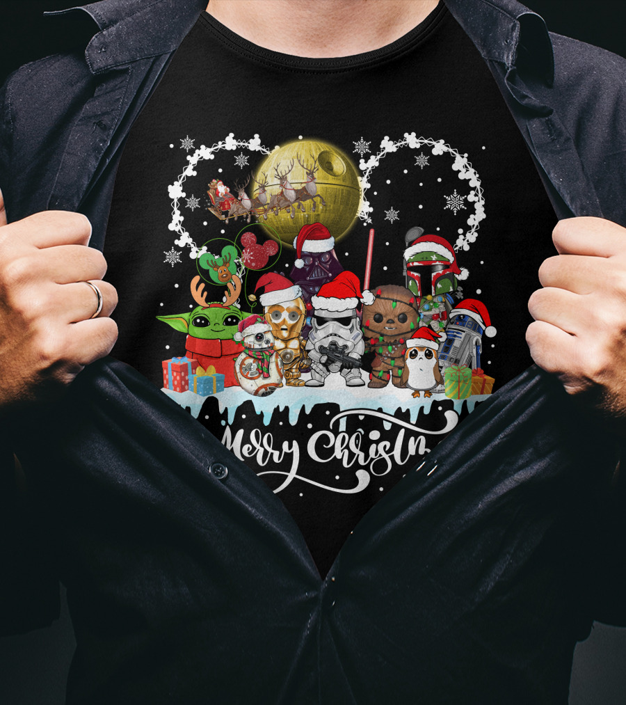 Merry Christmas Star Warss Characters Santa Hats Snowflakes T-Shirt