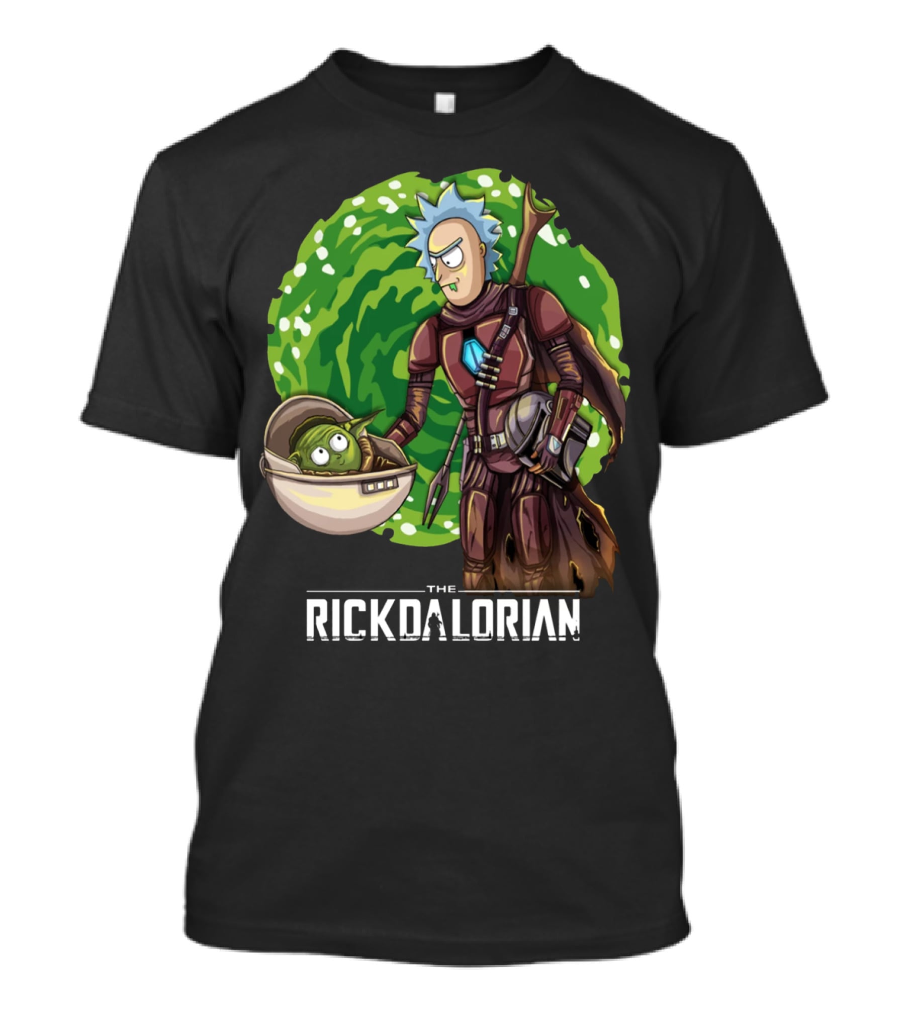The Rickdalorian With Green Portal Background And Baby Alien Character T-Shirt