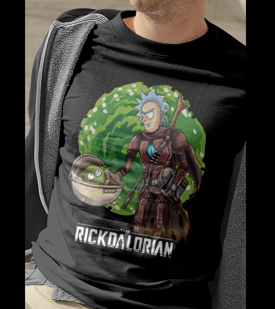 The Rickdalorian With Green Portal Background And Baby Alien Character T-Shirt