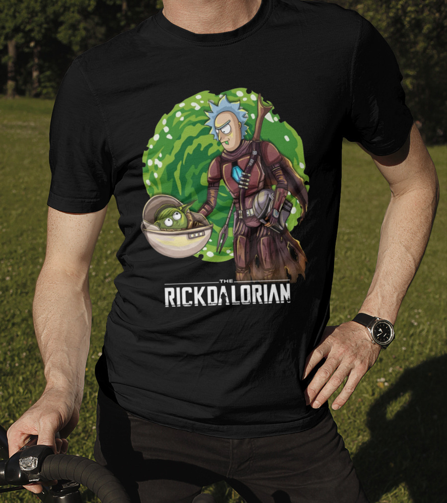 The Rickdalorian With Green Portal Background And Baby Alien Character T-Shirt
