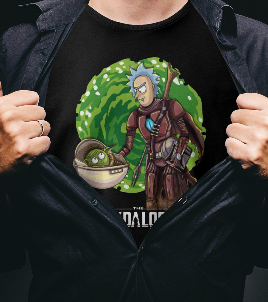 The Rickdalorian With Green Portal Background And Baby Alien Character T-Shirt