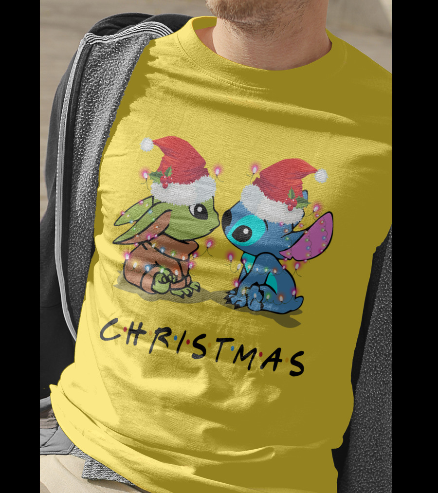 Christmas Yoda And Stitch Santa Hats T-Shirt
