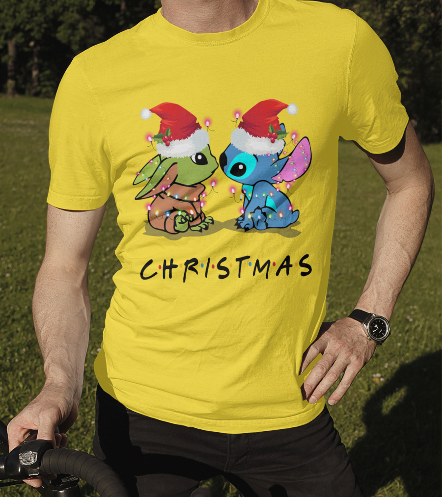 Christmas Yoda And Stitch Santa Hats T-Shirt