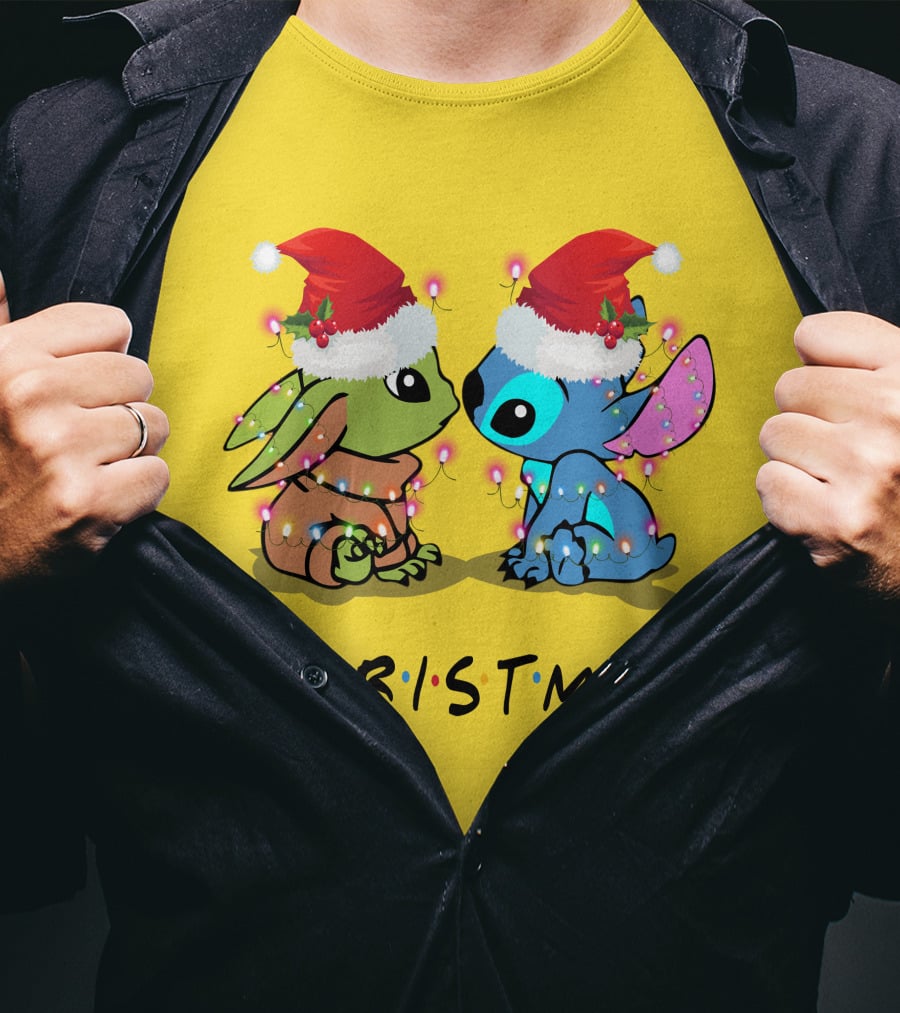 Christmas Yoda And Stitch Santa Hats T-Shirt