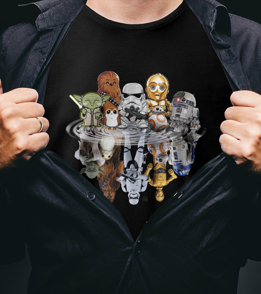 Stars War ZN234 Cute Character Reflection R2D2 Stormtrooper Yoda Chewbacca C3PO BB8 T-Shirt
