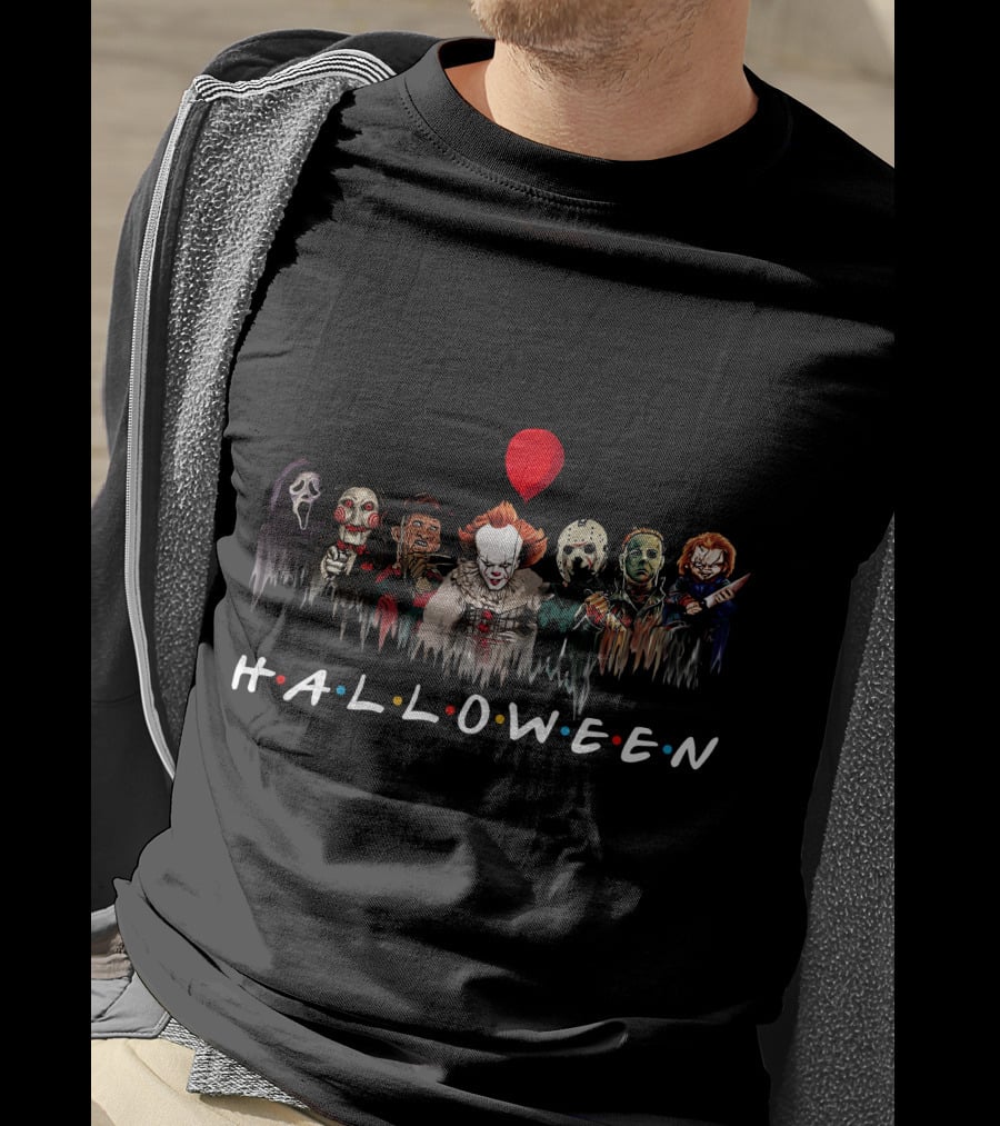 HALLOWEEN ZN699 Horror Movie Villains Group Red Balloon T-Shirt