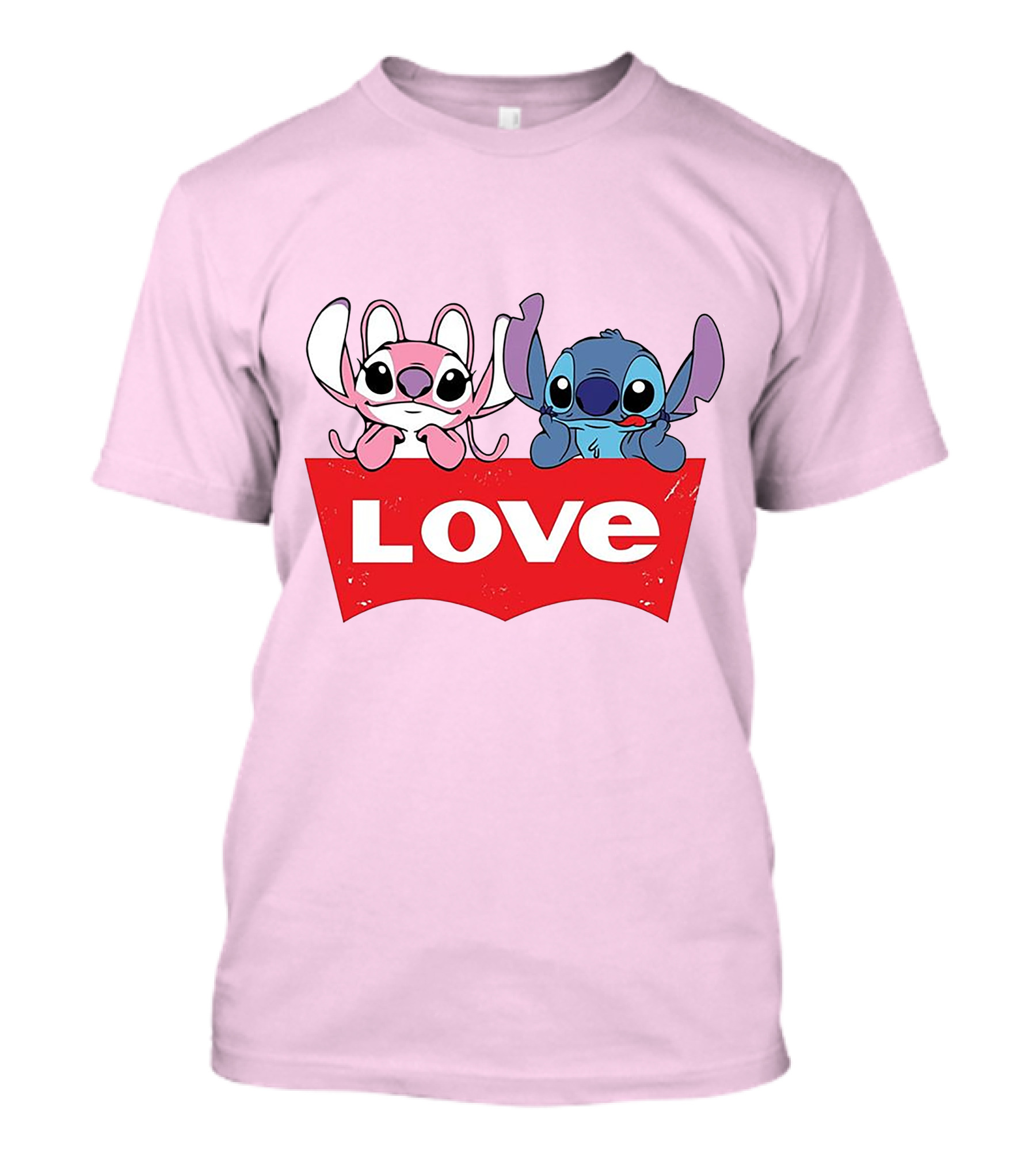 Stitch Love Pink And Blue Character Red Love Block T-Shirt