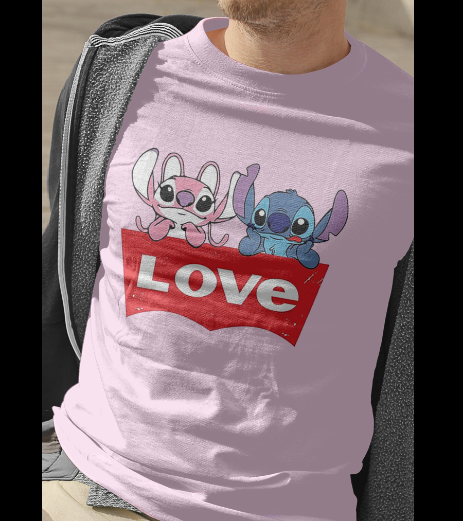 Stitch Love Pink And Blue Character Red Love Block T-Shirt