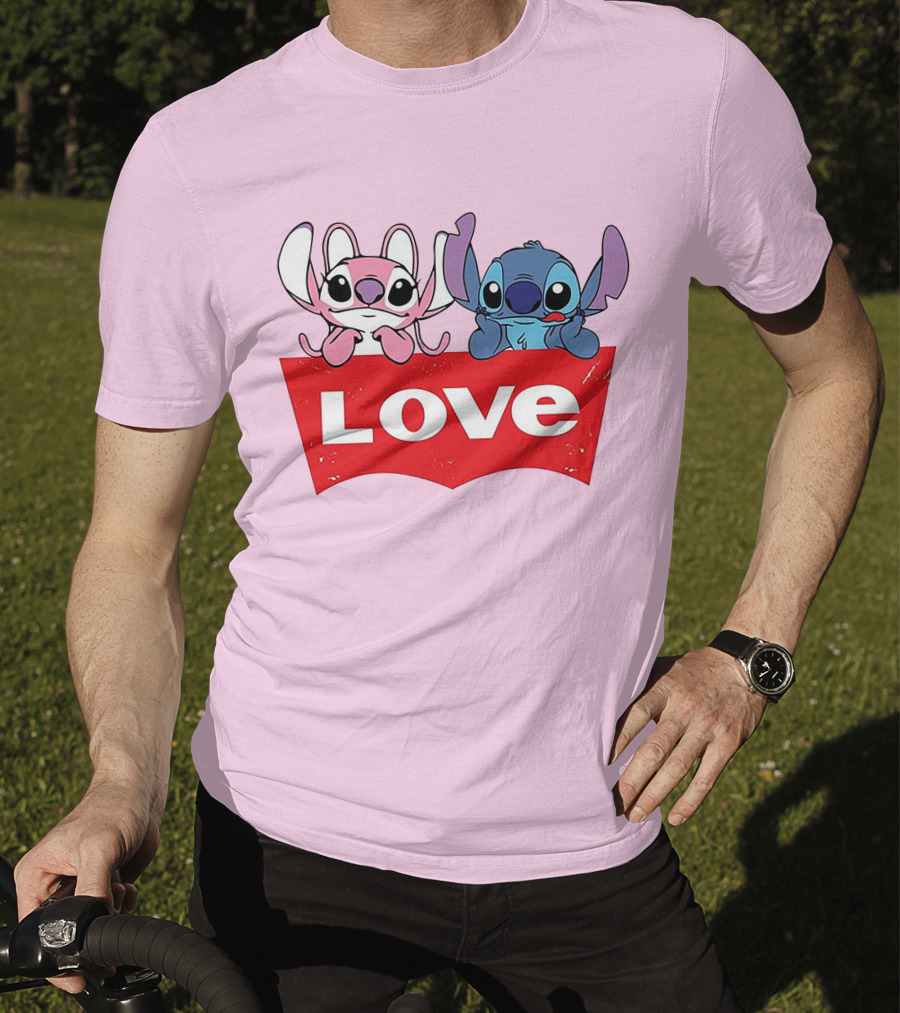 Stitch Love Pink And Blue Character Red Love Block T-Shirt