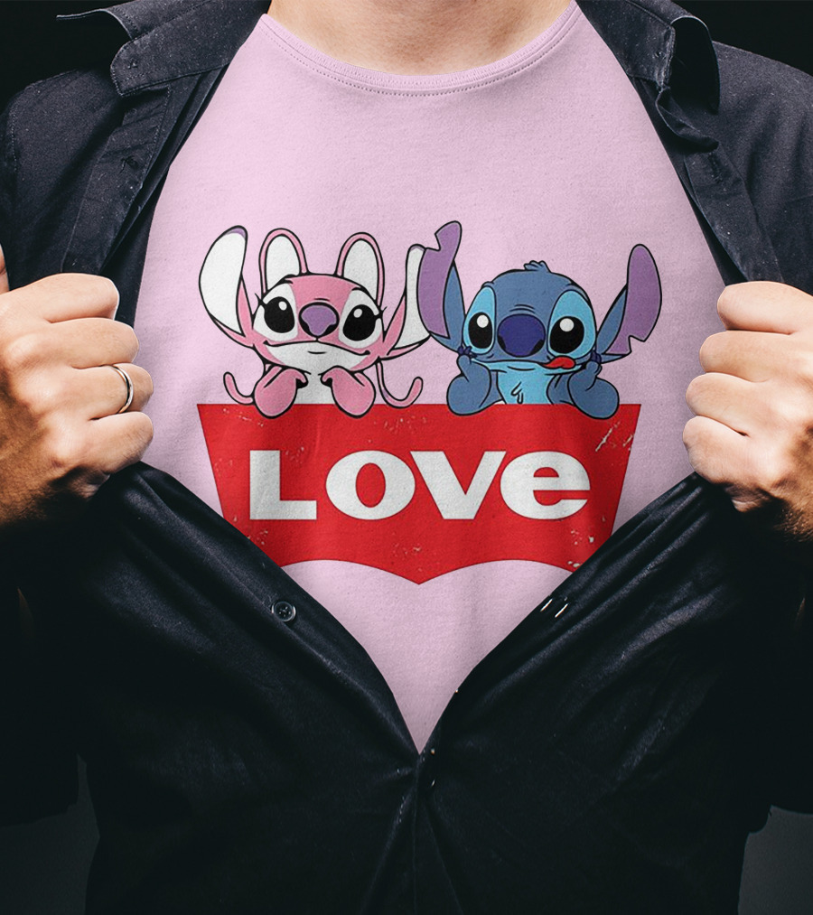 Stitch Love Pink And Blue Character Red Love Block T-Shirt