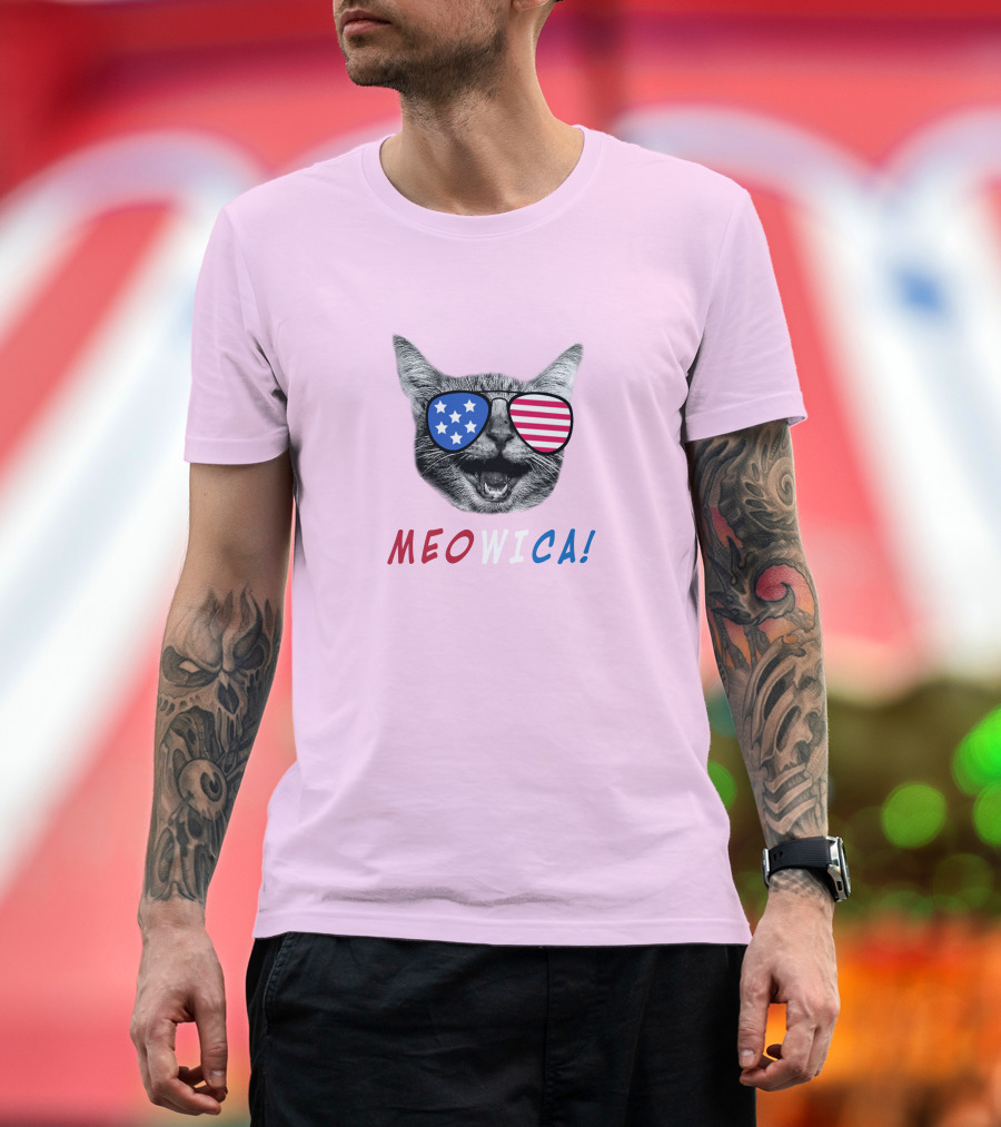 Meowica Cat Wearing American Flag Sunglasses T-Shirt
