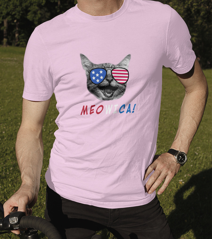 Meowica Cat Wearing American Flag Sunglasses T-Shirt