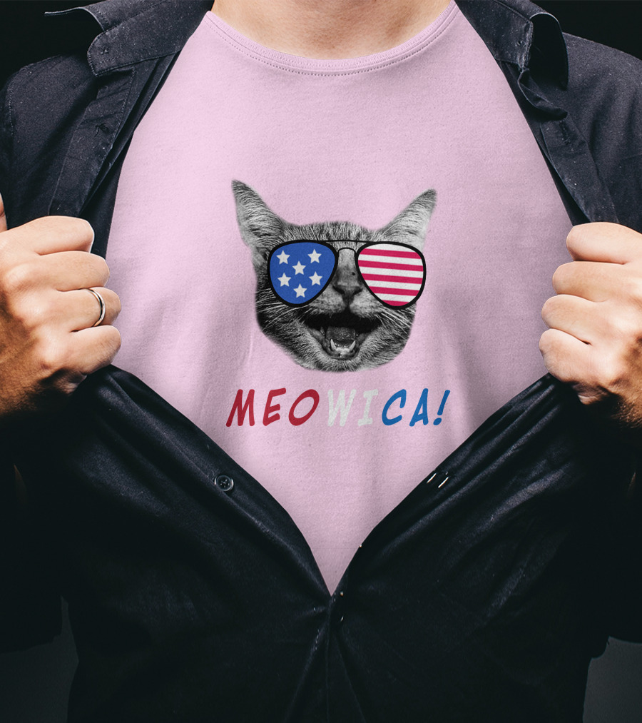Meowica Cat Wearing American Flag Sunglasses T-Shirt