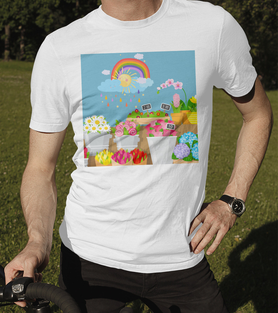 April Showers Brings May Flowers Rainbow And Colorful Blooms Scene T-Shirt