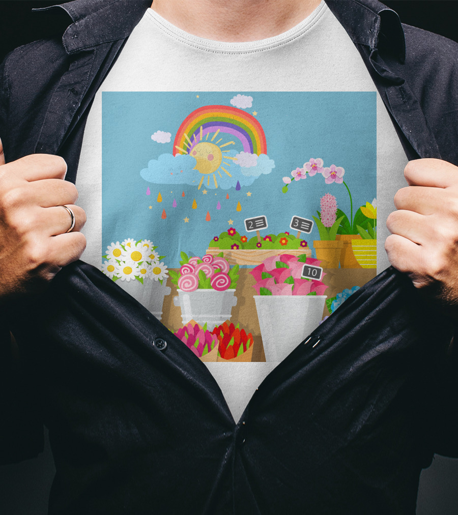April Showers Brings May Flowers Rainbow And Colorful Blooms Scene T-Shirt