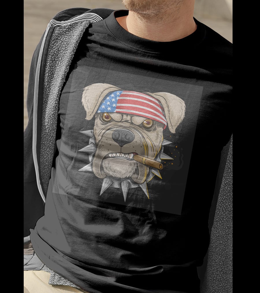 American Flag Bandana Bulldog With Cigar And Spiked Collar T-Shirt