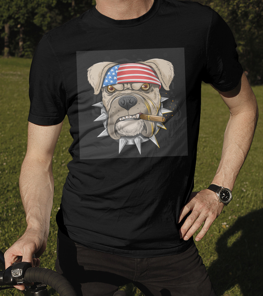 American Flag Bandana Bulldog With Cigar And Spiked Collar T-Shirt