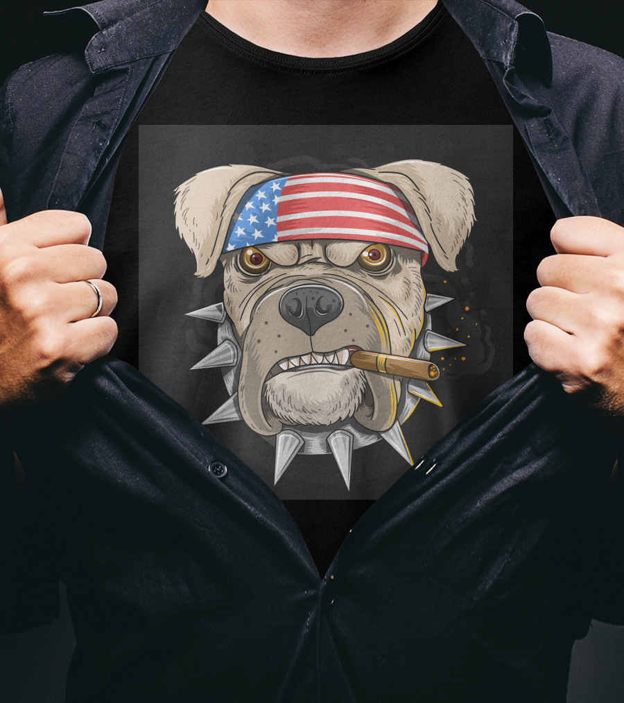 American Flag Bandana Bulldog With Cigar And Spiked Collar T-Shirt